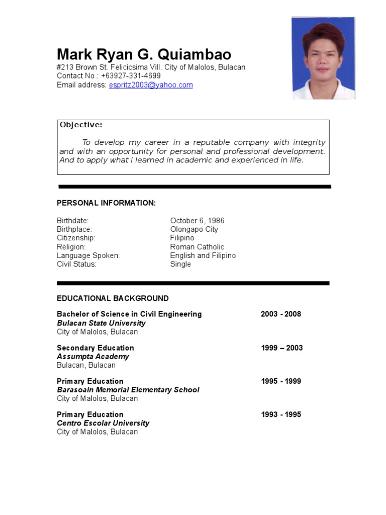 example of resume for job application in philippines